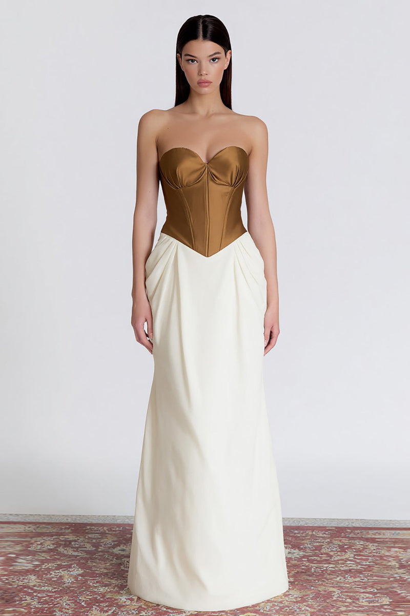 Load image into Gallery viewer, Brown and Ivory Sweetheart Patchwork Corset Long Formal Dress