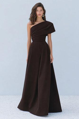 Coffee A-Line One Shoulder Long Formal Dress