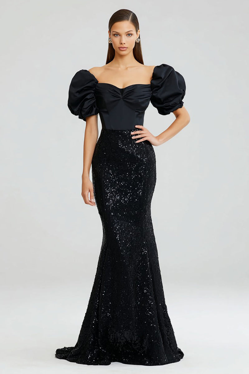 Load image into Gallery viewer, Sparkly Black Sequin Puff Sleeves Long Mermaid Formal Dress