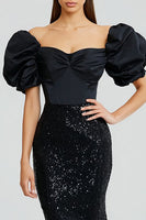 Load image into Gallery viewer, Sparkly Black Sequin Puff Sleeves Long Mermaid Formal Dress