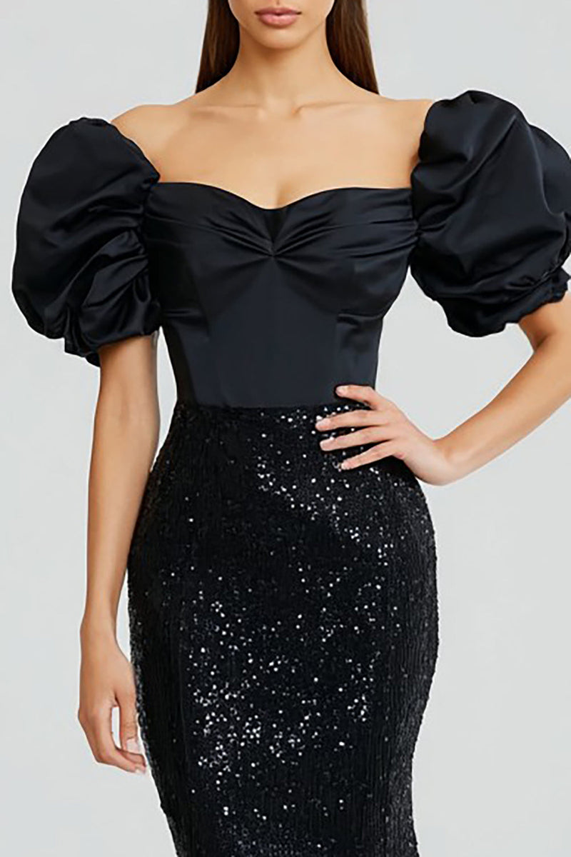 Load image into Gallery viewer, Sparkly Black Sequin Puff Sleeves Long Mermaid Formal Dress