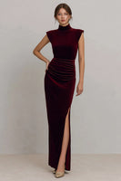 Load image into Gallery viewer, Burgundy Velvet High Neck Long Formal Dress with Slit