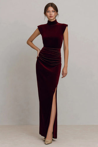 Burgundy Velvet High Neck Long Formal Dress with Slit