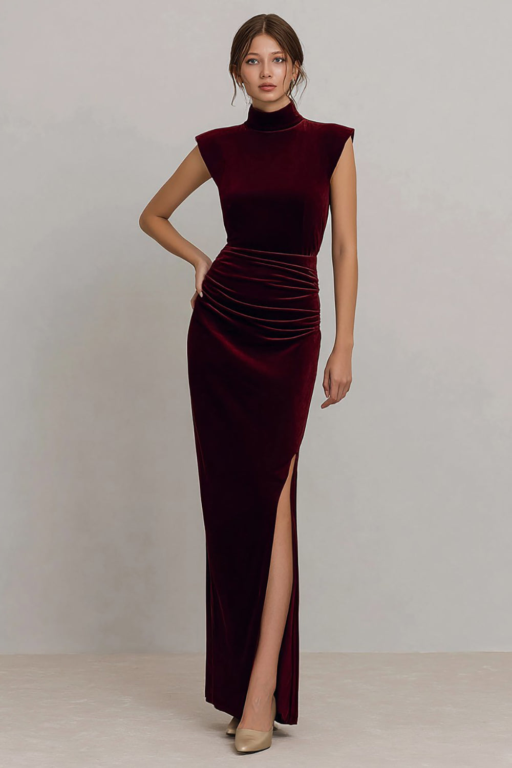 Burgundy Velvet High Neck Long Formal Dress with Slit