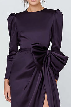 Dark Purple Long Sleeves Crew Neck Formal Dress with Slit