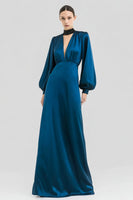 Load image into Gallery viewer, Sparkly Dark Blue Satin Beaded V Neck Formal Dress