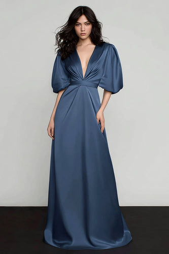 Sparkly Dark Blue Satin V-Neck Long Formal Dress with Sleeves