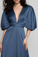 Load image into Gallery viewer, Sparkly Dark Blue Satin V-Neck Long Formal Dress with Sleeves