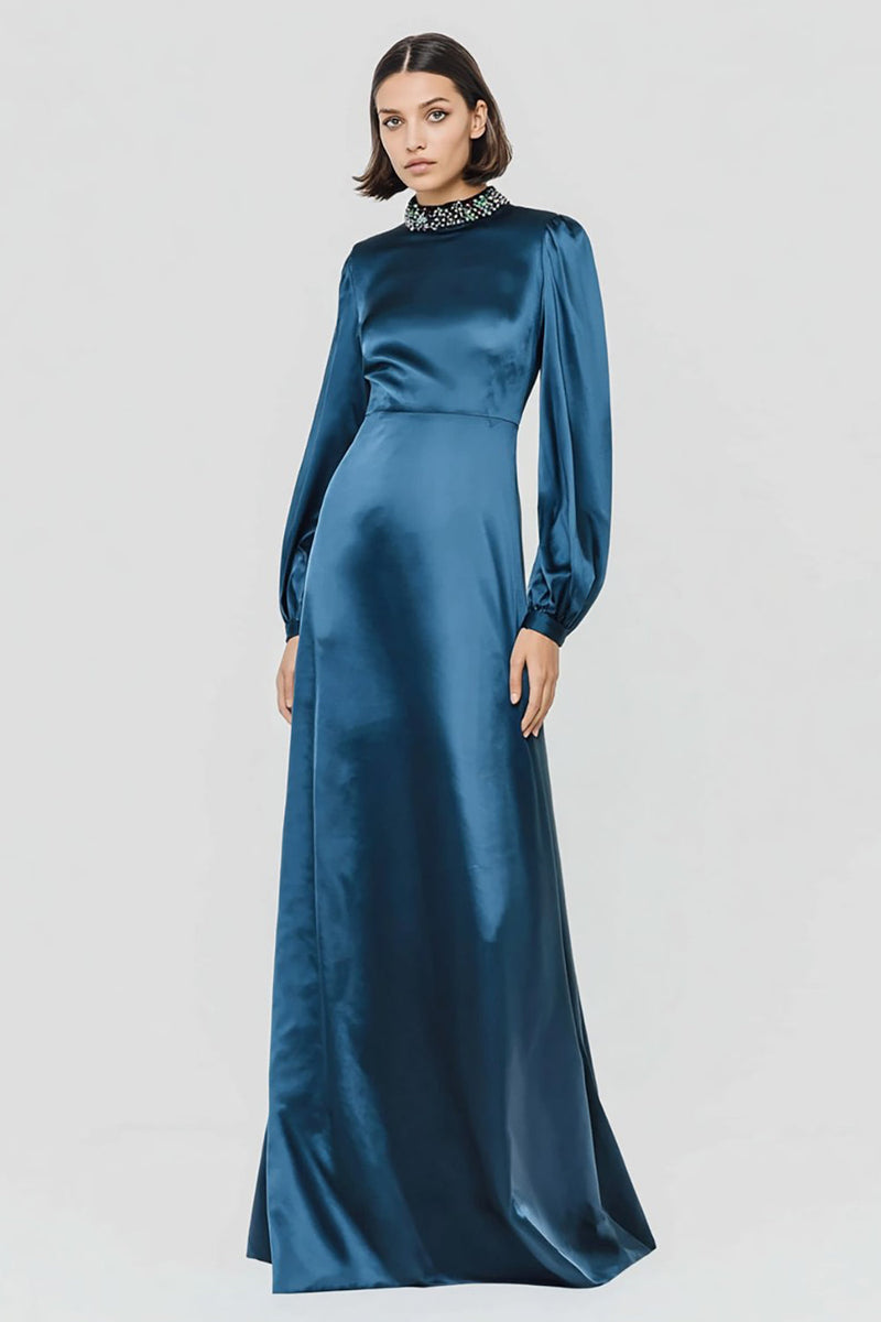 Load image into Gallery viewer, Sparkly Dark Blue Satin High Neck Long Formal Dress with Beading