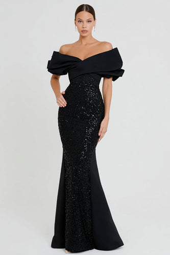 Sparkly Black Sequin Off the Shoulder Long Mermaid Formal Dress