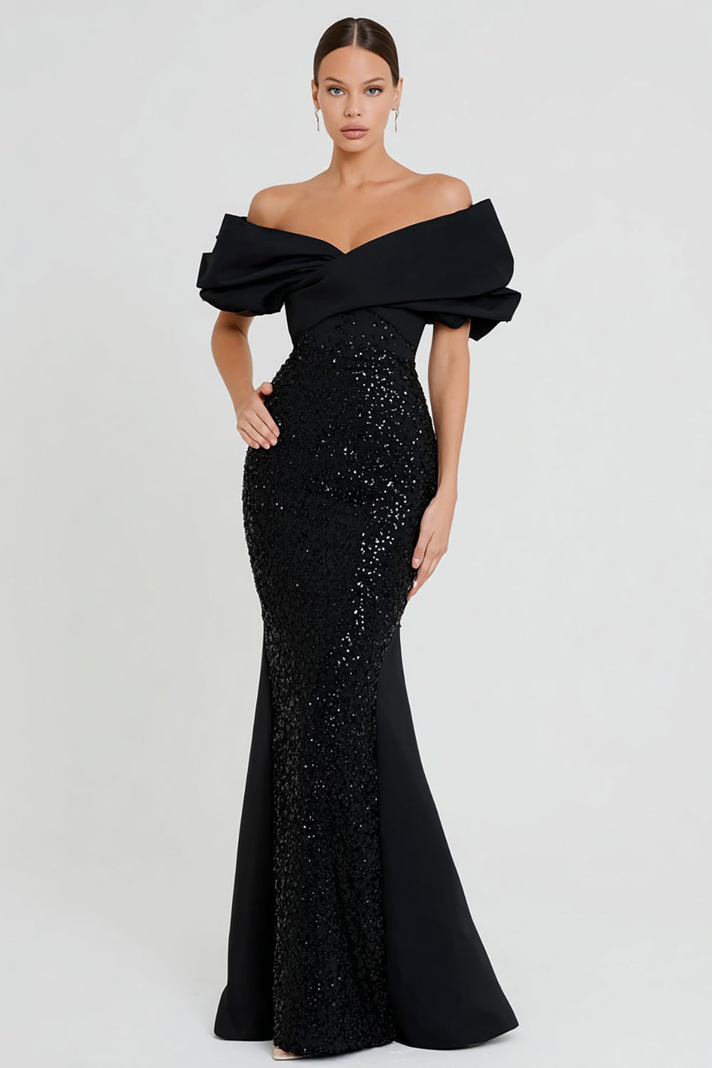 Sparkly Black Sequin Off the Shoulder Long Mermaid Formal Dress