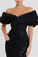 Load image into Gallery viewer, Sparkly Black Sequin Off the Shoulder Long Mermaid Formal Dress