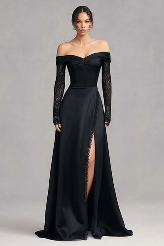 Black Off the Shoulder Lace Long Formal Dress with Slit