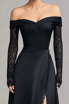 Black Off the Shoulder Lace Long Formal Dress with Slit