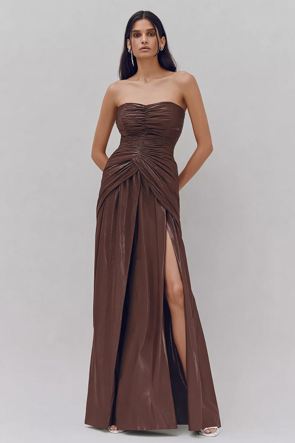 Sparkly Coffee Metallic Strapless Long Sheath Formal Dress with Slit