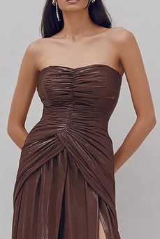 Sparkly Coffee Metallic Strapless Long Sheath Formal Dress with Slit