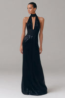 Load image into Gallery viewer, Glitter Metallic Long Black Tie Dress with Keyhole