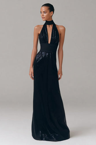 Glitter Metallic Long Black Tie Dress with Keyhole