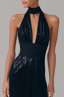 Load image into Gallery viewer, Glitter Metallic Long Black Tie Dress with Keyhole