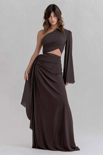 Coffee Cut Out Ruched Long Formal Dress with Sleeves