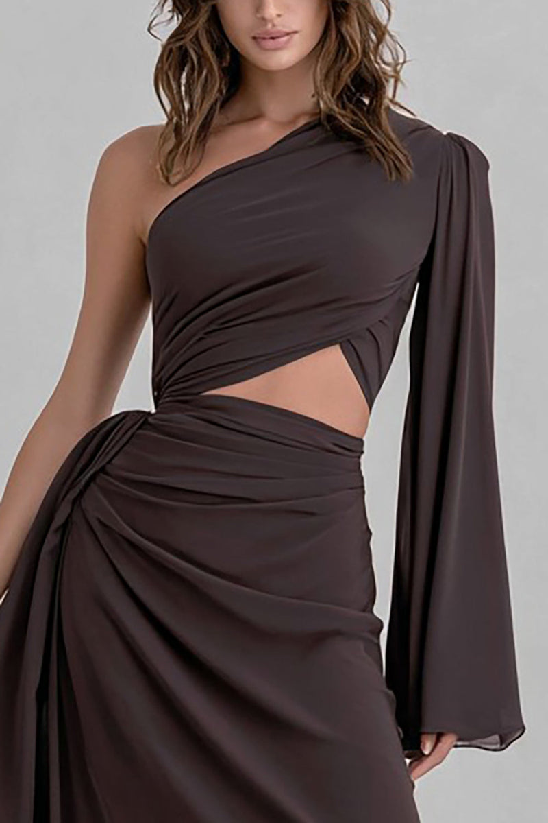Load image into Gallery viewer, Coffee Cut Out Ruched Long Formal Dress with Sleeves