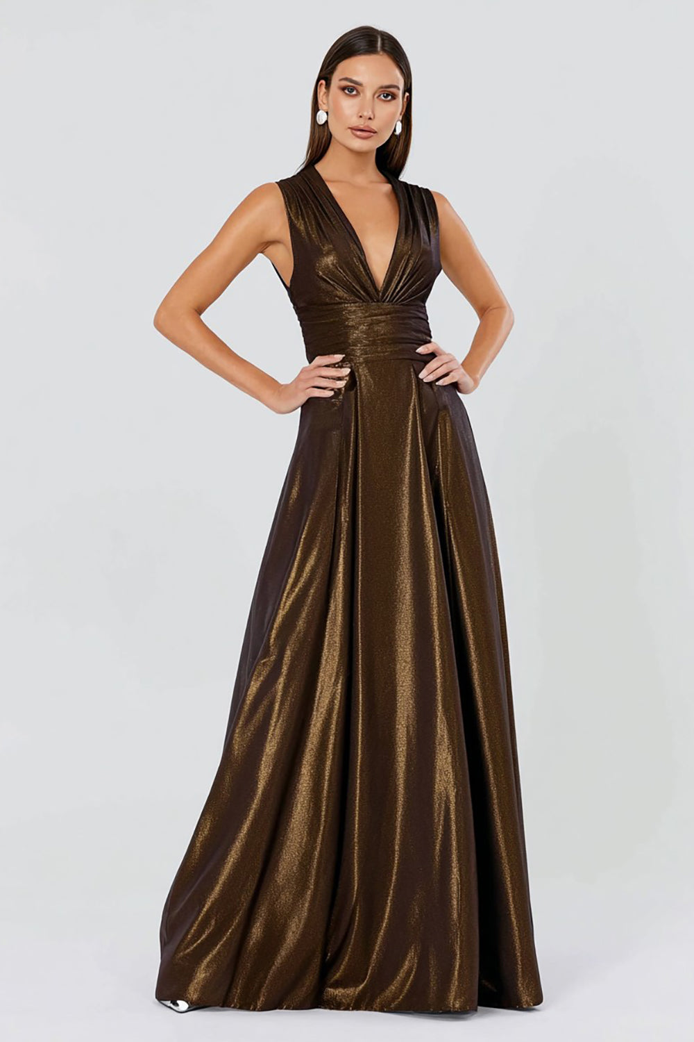 Sparkly Glitter Brown A-Line V-Neck Pleated Long Formal Dress