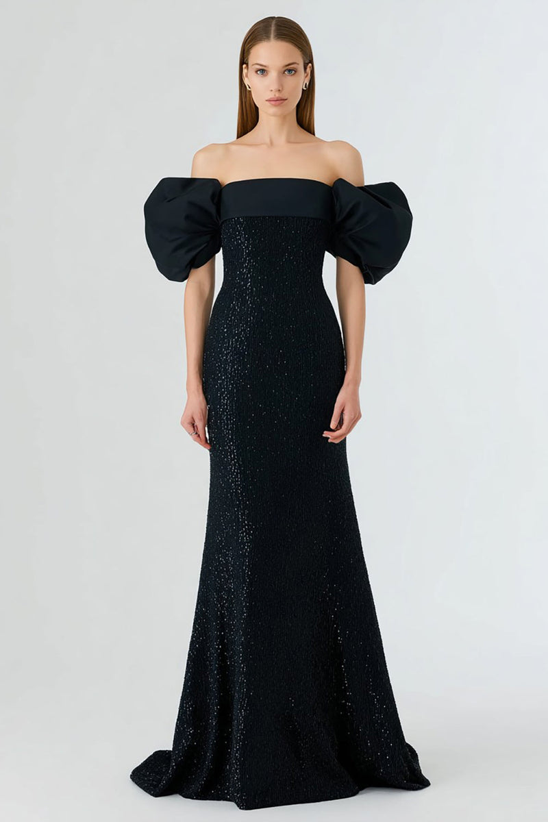 Load image into Gallery viewer, Sparkly Black Sequin Off the Shoulder Long Mermaid Formal Dress