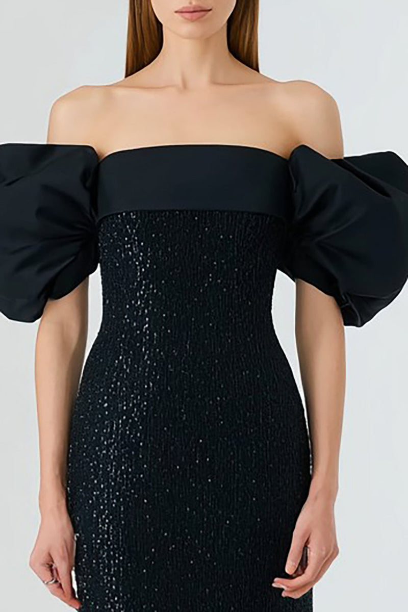 Load image into Gallery viewer, Sparkly Black Sequin Off the Shoulder Long Mermaid Formal Dress