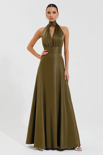 Olive A-Line High Neck Long Formal Dress with Keyhole