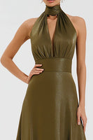 Load image into Gallery viewer, Olive A-Line High Neck Long Formal Dress with Keyhole
