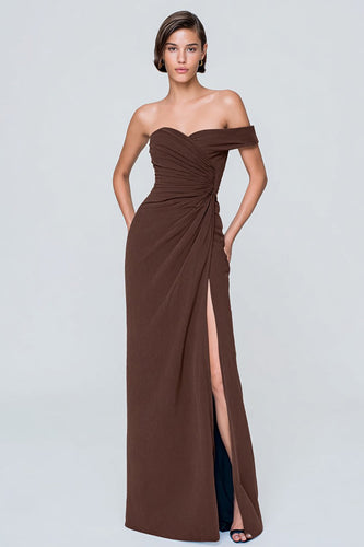 Coffee Sheath Asymmetrical Neck Long Formal Dress with Slit