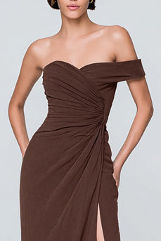 Coffee Sheath Asymmetrical Neck Long Formal Dress with Slit