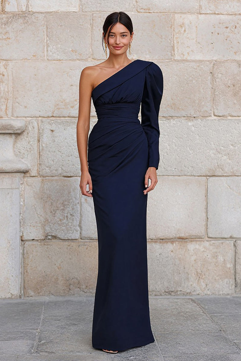 Load image into Gallery viewer, Navy One Shoulder Long Mermaid Formal Dress with Sleeves