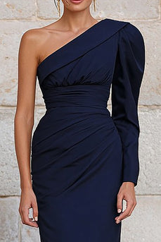 Navy One Shoulder Long Mermaid Formal Dress with Sleeves