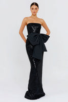 Load image into Gallery viewer, Sparkly Black Mermaid Long Sequin Formal Dress with Bow