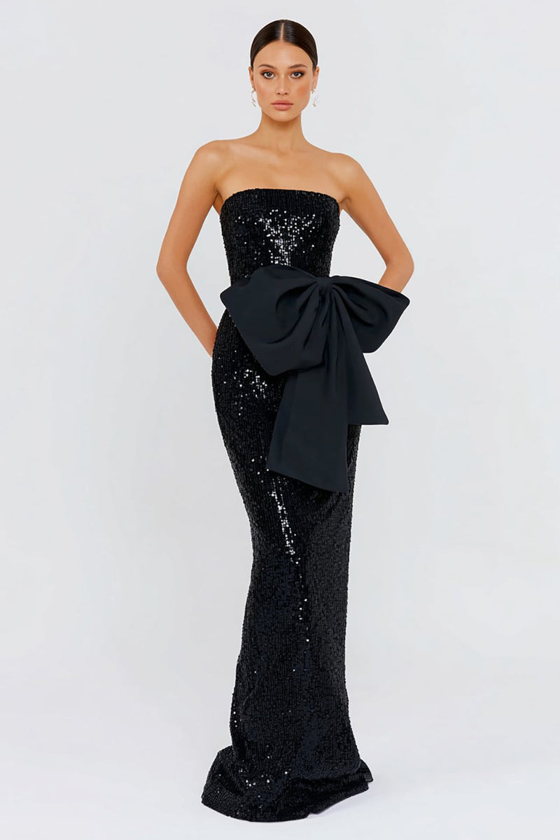 Load image into Gallery viewer, Sparkly Black Mermaid Long Sequin Formal Dress with Bow