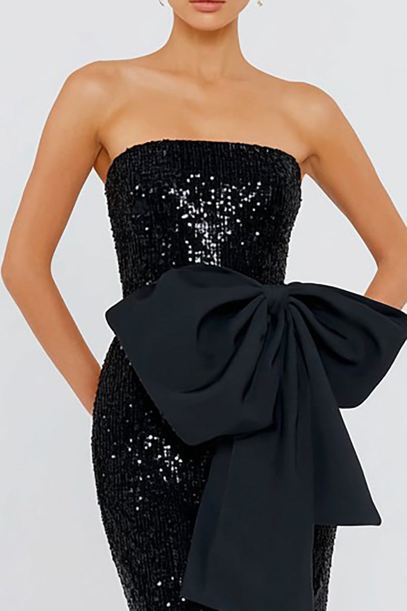 Load image into Gallery viewer, Sparkly Black Mermaid Long Sequin Formal Dress with Bow
