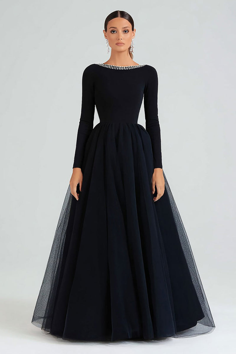 Load image into Gallery viewer, Sparkly Boat Neck Beaded A-Line Black Tie Dress