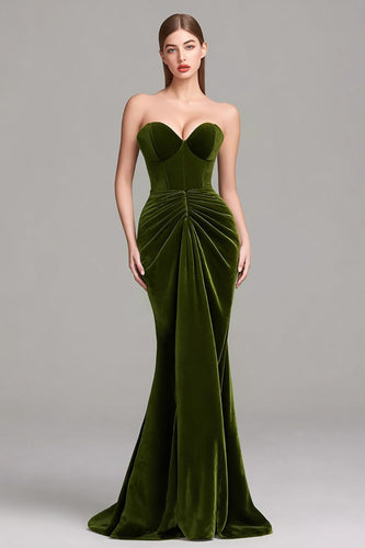 Olive Velvet Sweetheart Mermaid Long Corset Formal Dress