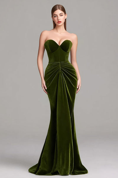 Olive Velvet Sweetheart Mermaid Long Corset Formal Dress
