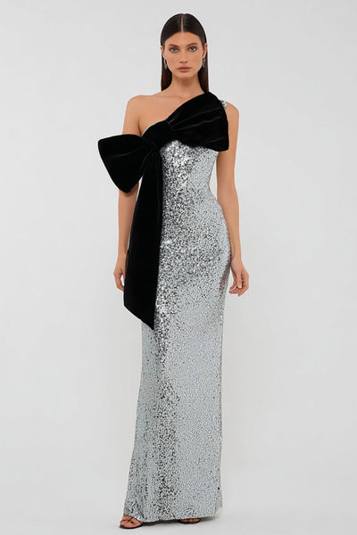 Sparkly Silver Sequins Long Sheath Formal Dress with Bow