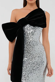 Sparkly Silver Sequins Long Sheath Formal Dress with Bow