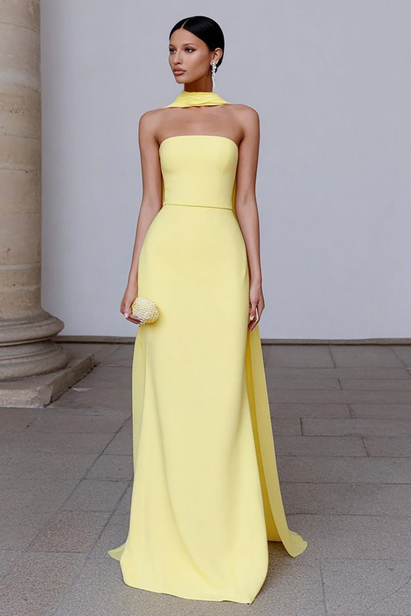 Load image into Gallery viewer, Yellow Strapless Neck Scarf Sheath Long Formal Dress