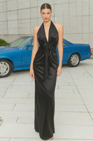 Load image into Gallery viewer, Black Sheath Halter Neck Long Formal Dress