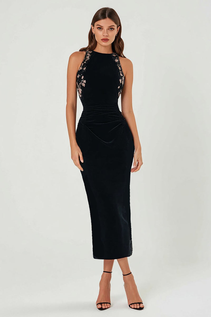 Load image into Gallery viewer, Sparkly Floral Black Crew Neck Bodycon Long Formal Dress with Beading
