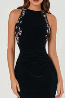 Load image into Gallery viewer, Sparkly Floral Black Crew Neck Bodycon Long Formal Dress with Beading