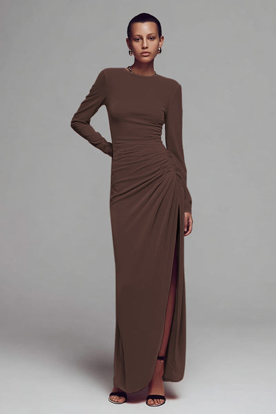 Coffee Velvet Crew Neck Sheath Long Formal Dress with Slit