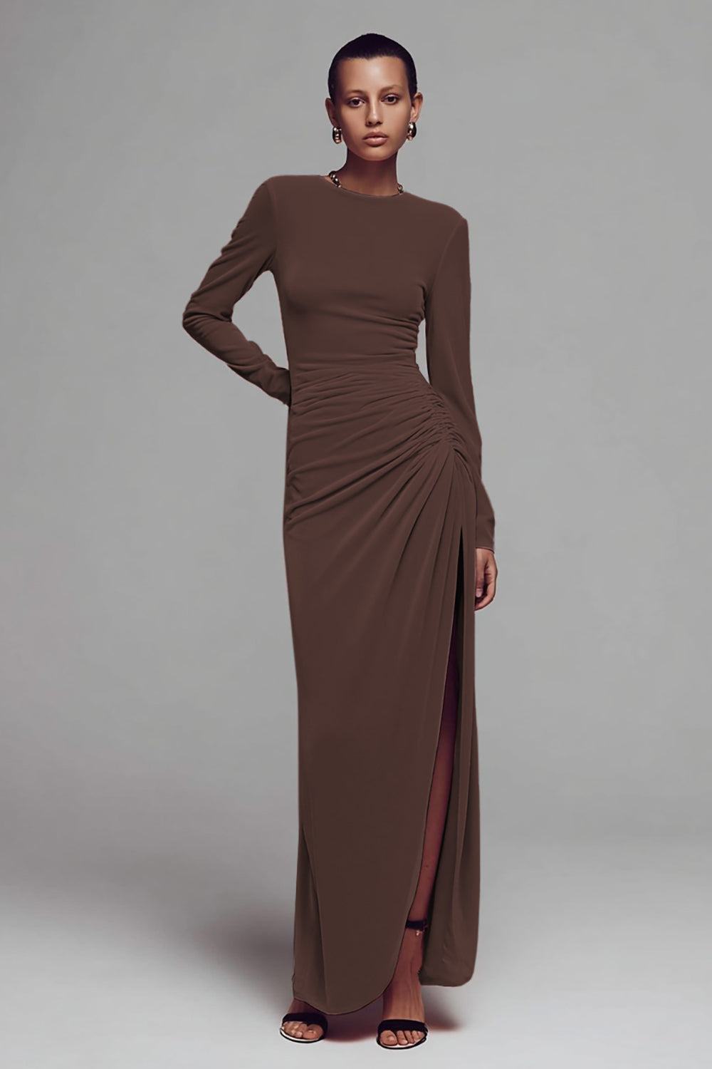 Coffee Velvet Crew Neck Sheath Long Formal Dress with Slit
