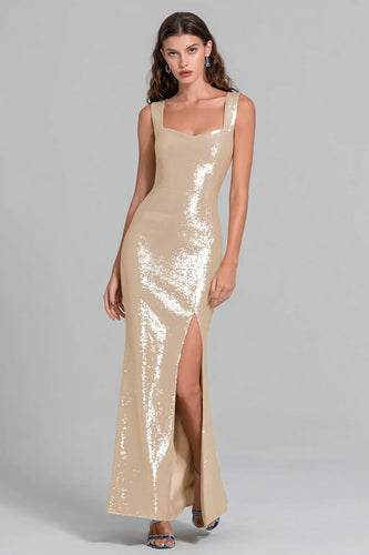 Sparkly Champagne Sequin Long Mermaid Formal Dress with Slit