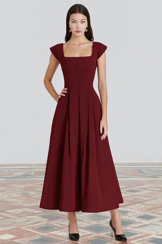 Burgundy Square Neck A-Line Long Formal Dress